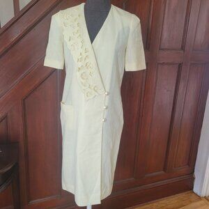 Kasper For A.S.L. Womens Yellow Short Sleeve Embroidered Dress With Pearl Button